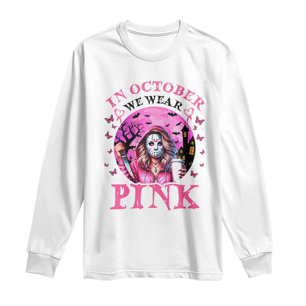 Breast Cancer Support Long Sleeve Shirt In October We Wear Pink Halloween Butterfly Bat Murderer