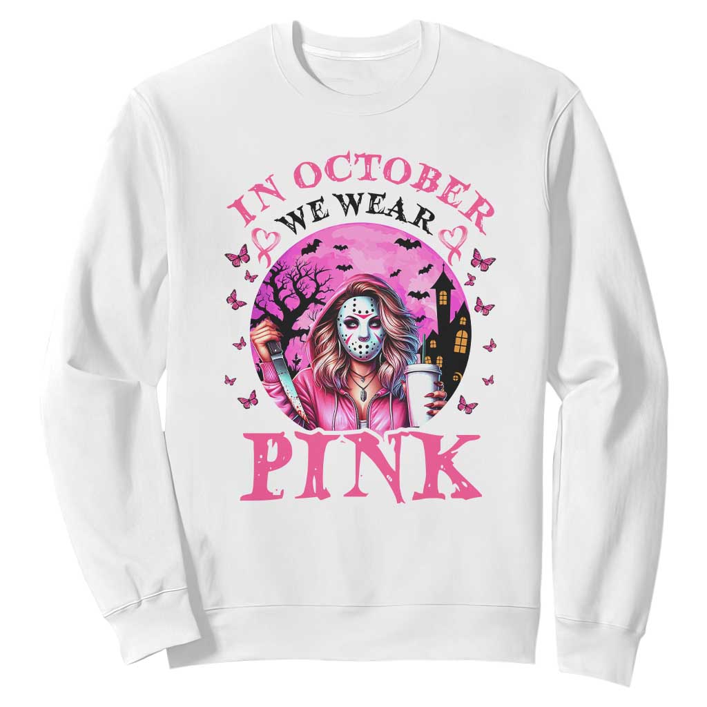 Breast Cancer Support Sweatshirt In October We Wear Pink Halloween Butterfly Bat Murderer