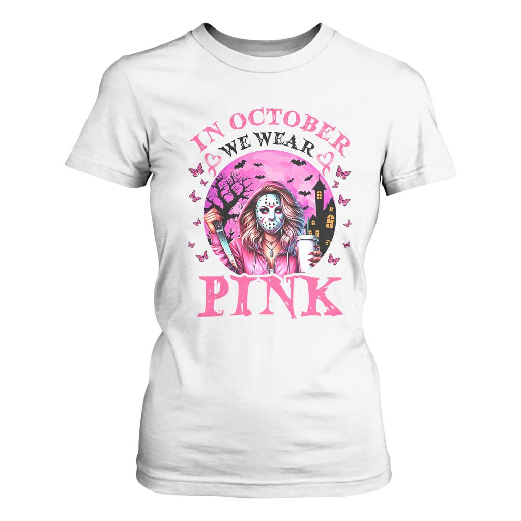 Breast Cancer Support T Shirt For Women In October We Wear Pink Halloween Butterfly Bat Murderer