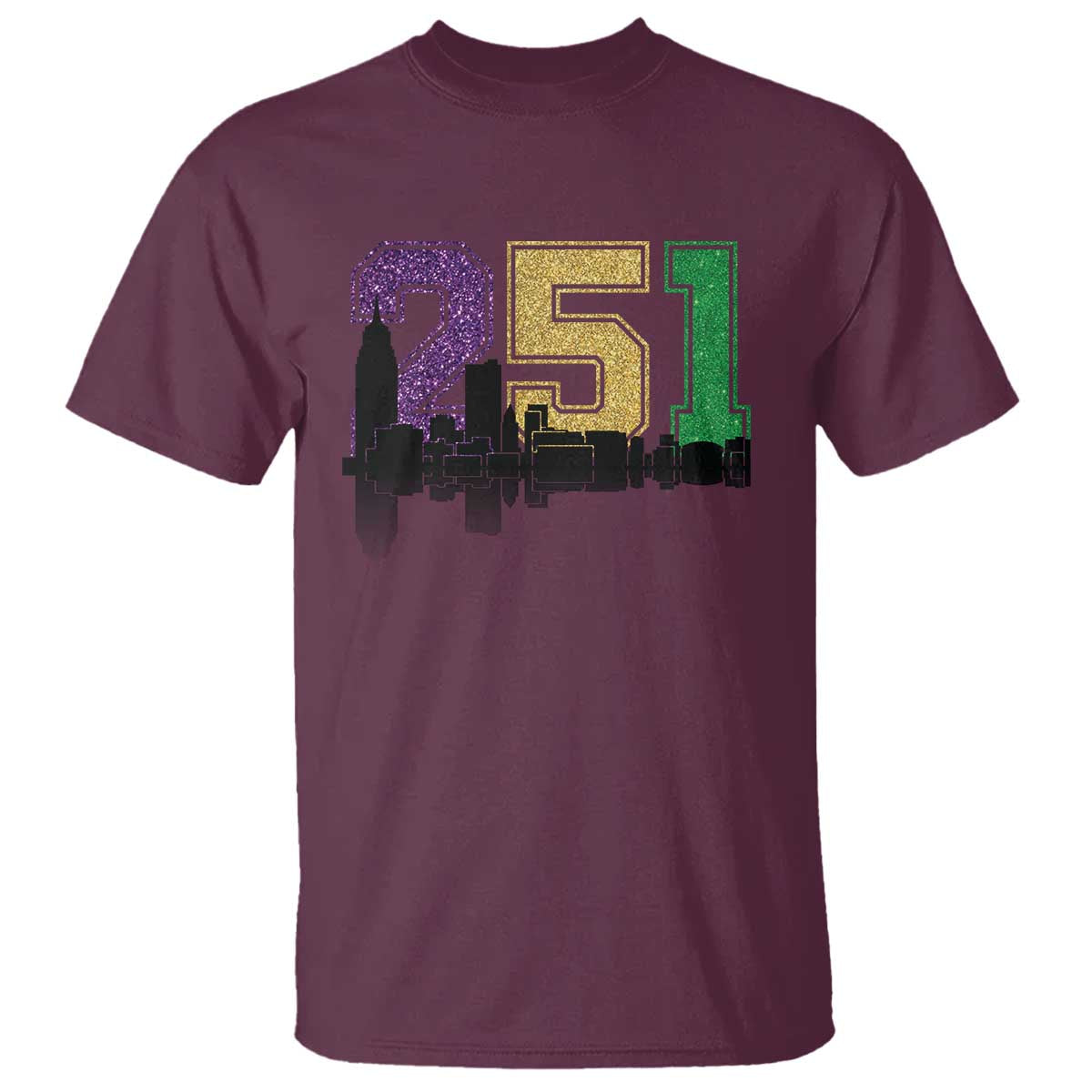 funny-mardi-gras-mobile-alabama-t-shirt-251-skyline-area-code-glitter-print