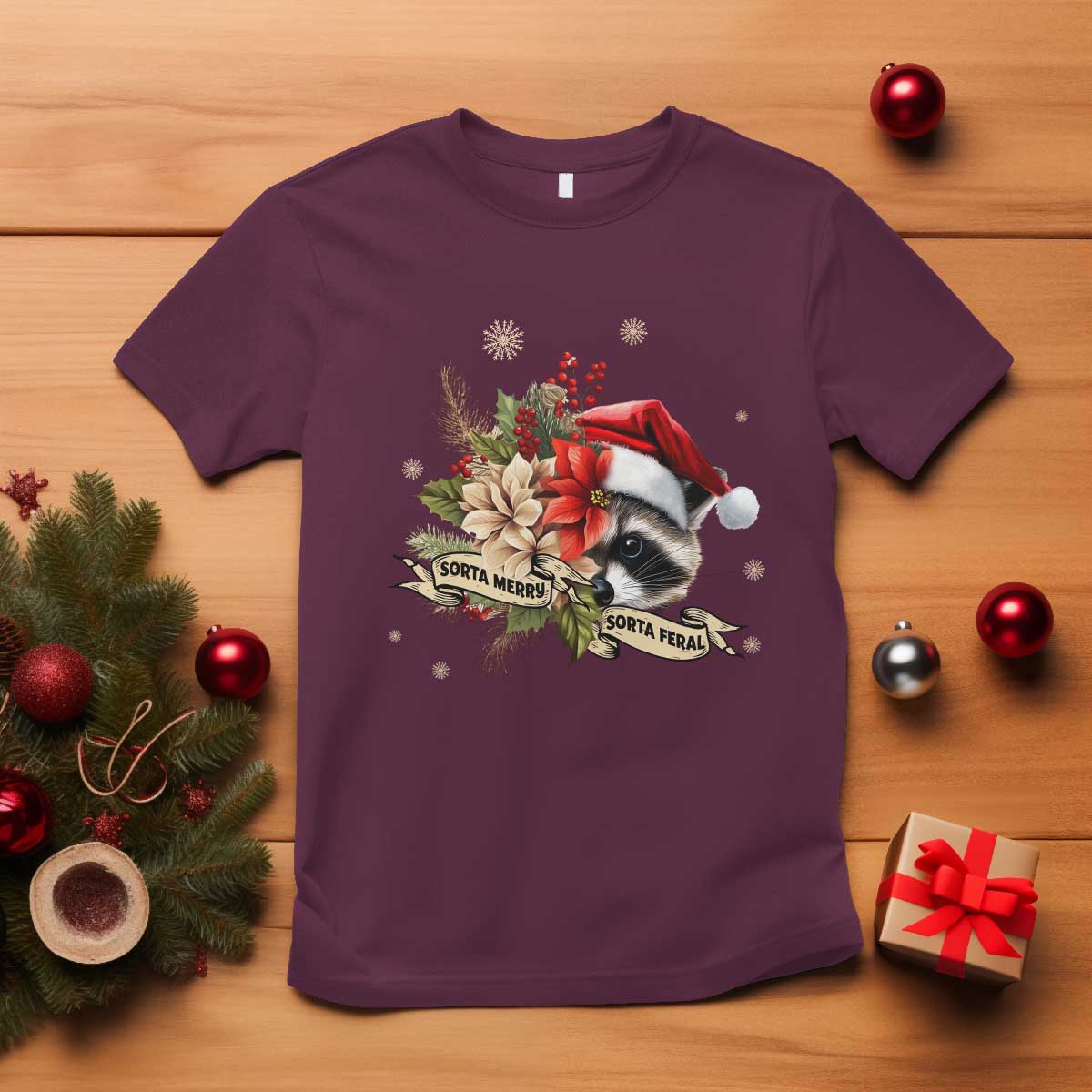 funny-christmas-racoon-t-shirt-sorta-merry-sorta-feral-santa-hat-vintage-flowers
