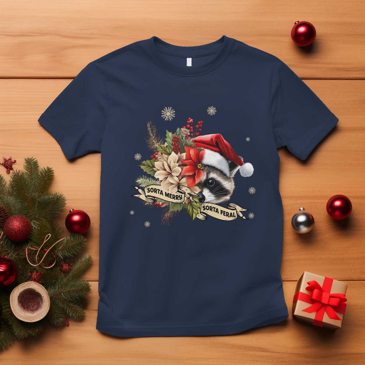 funny-christmas-racoon-t-shirt-sorta-merry-sorta-feral-santa-hat-vintage-flowers