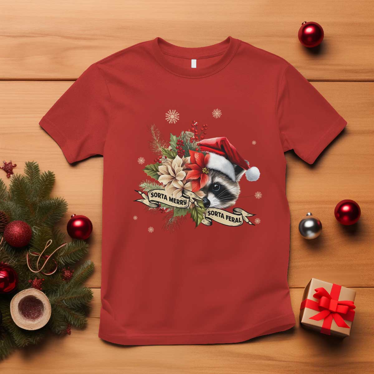 funny-christmas-racoon-t-shirt-sorta-merry-sorta-feral-santa-hat-vintage-flowers