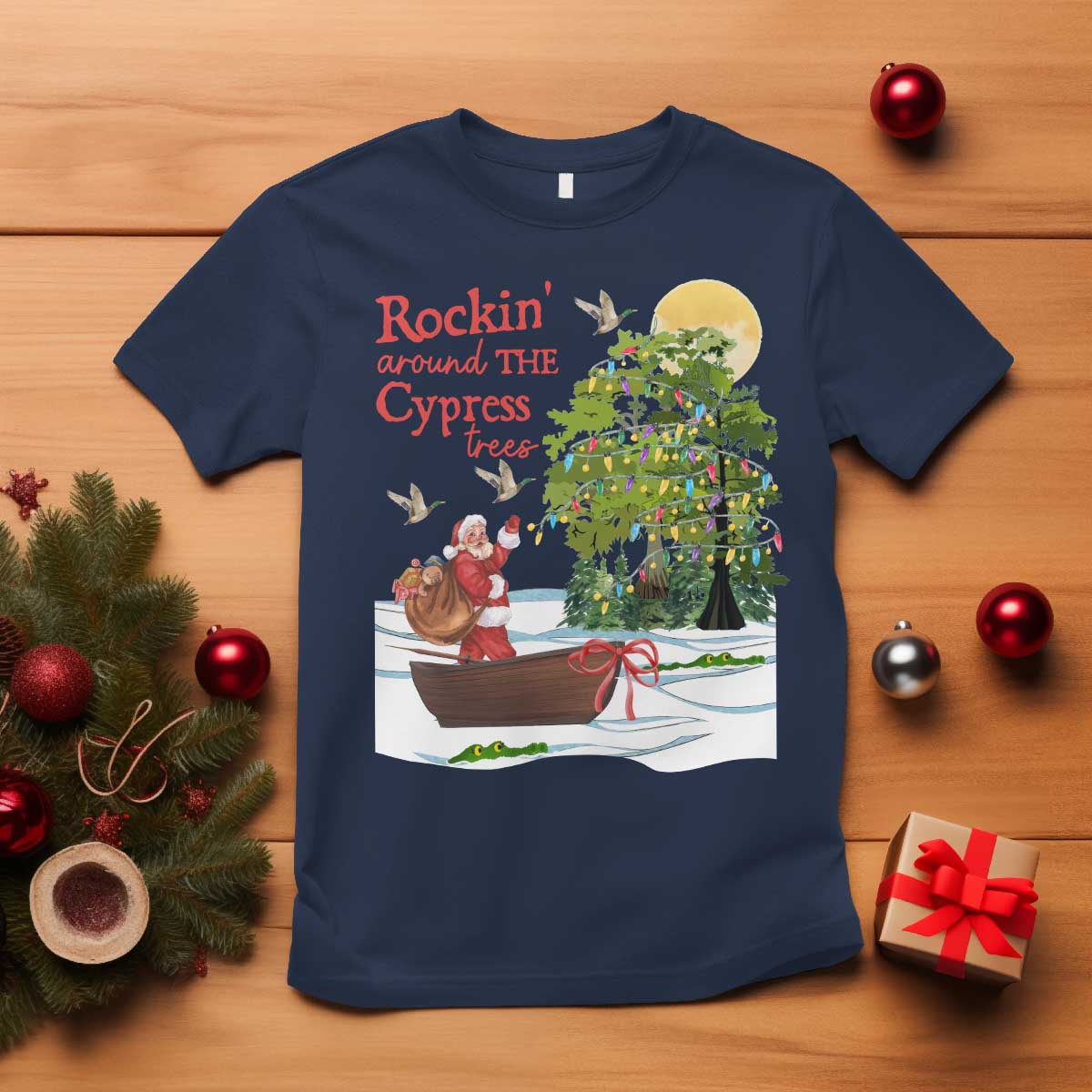 funny-christmas-cajun-louisiana-t-shirt-rockin-around-the-cypress-trees-santa-alligator