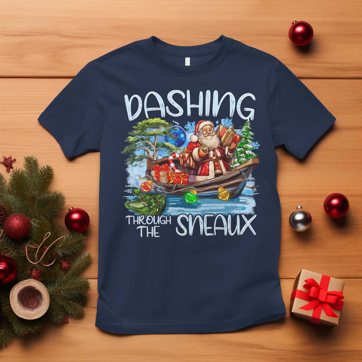 funny-christmas-cajun-louisiana-t-shirt-dashing-through-the-sneaux-santa-alligator