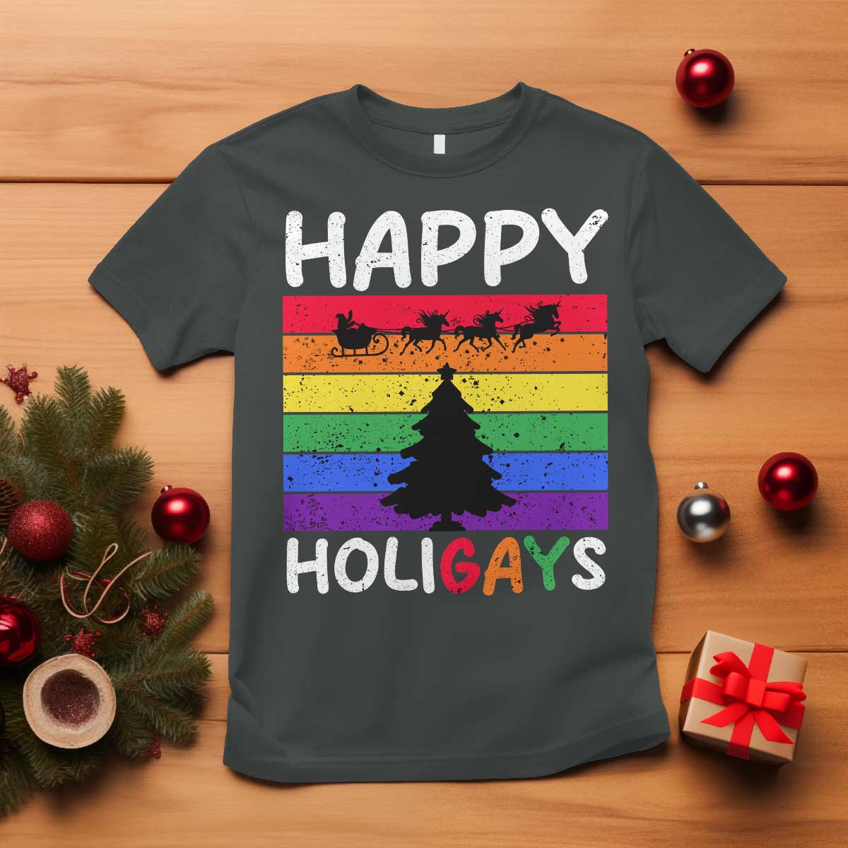 funny-lgbt-christmas-t-shirt-happy-holigays-rainbow-stripes-unicorn-santa