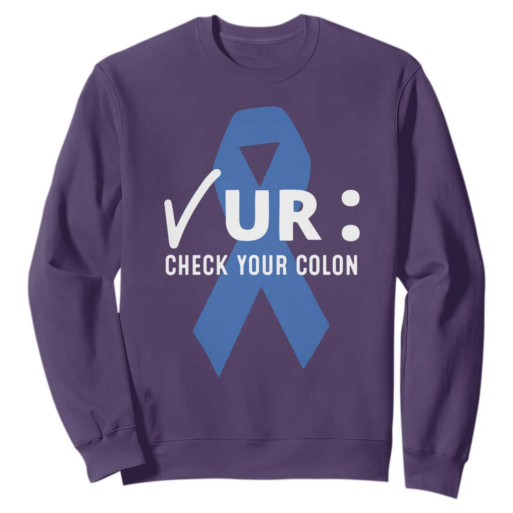 Funny Check Your Colon Colorectal Cancer Support Sweatshirt Dark Blue Ribbon
