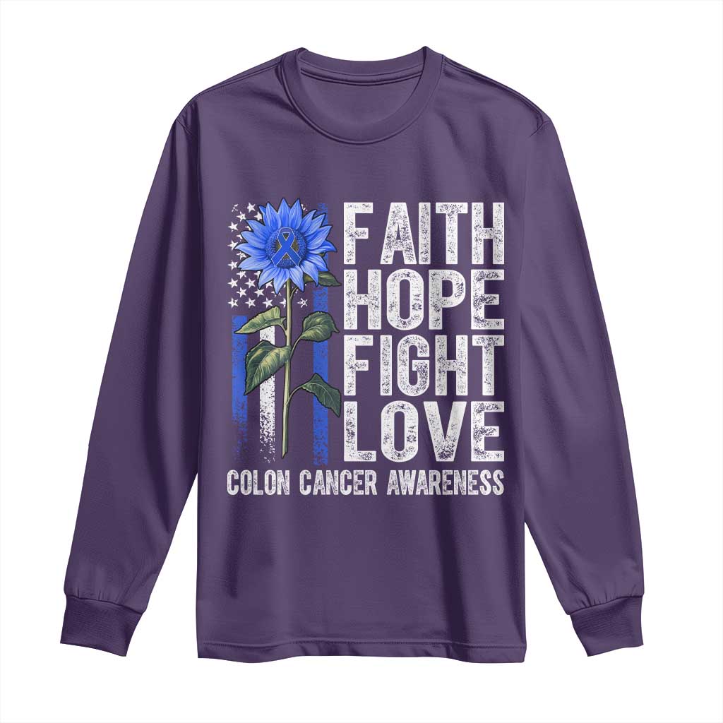 Colon Cancer Support Long Sleeve Shirt Faith Hope Fight Love Sunflower USA Flag