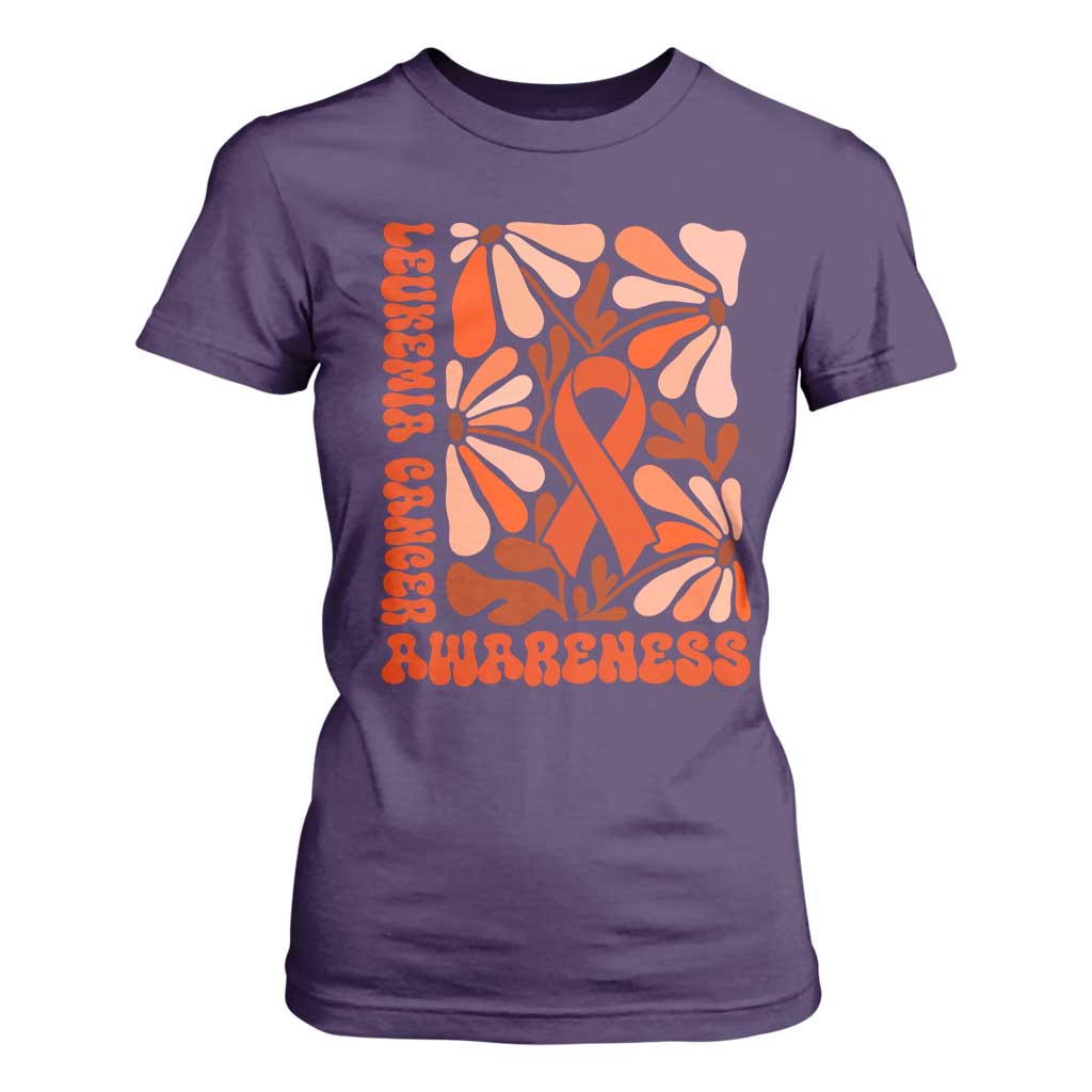 Leukemia Cancer Support T Shirt For Women Orange Ribbon 60s 70s Retro Groovy Flower