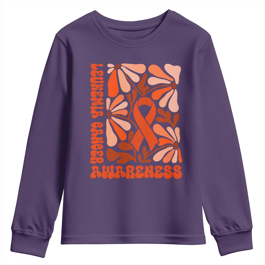 Leukemia Cancer Support Youth Sweatshirt Orange Ribbon 60s 70s Retro Groovy Flower