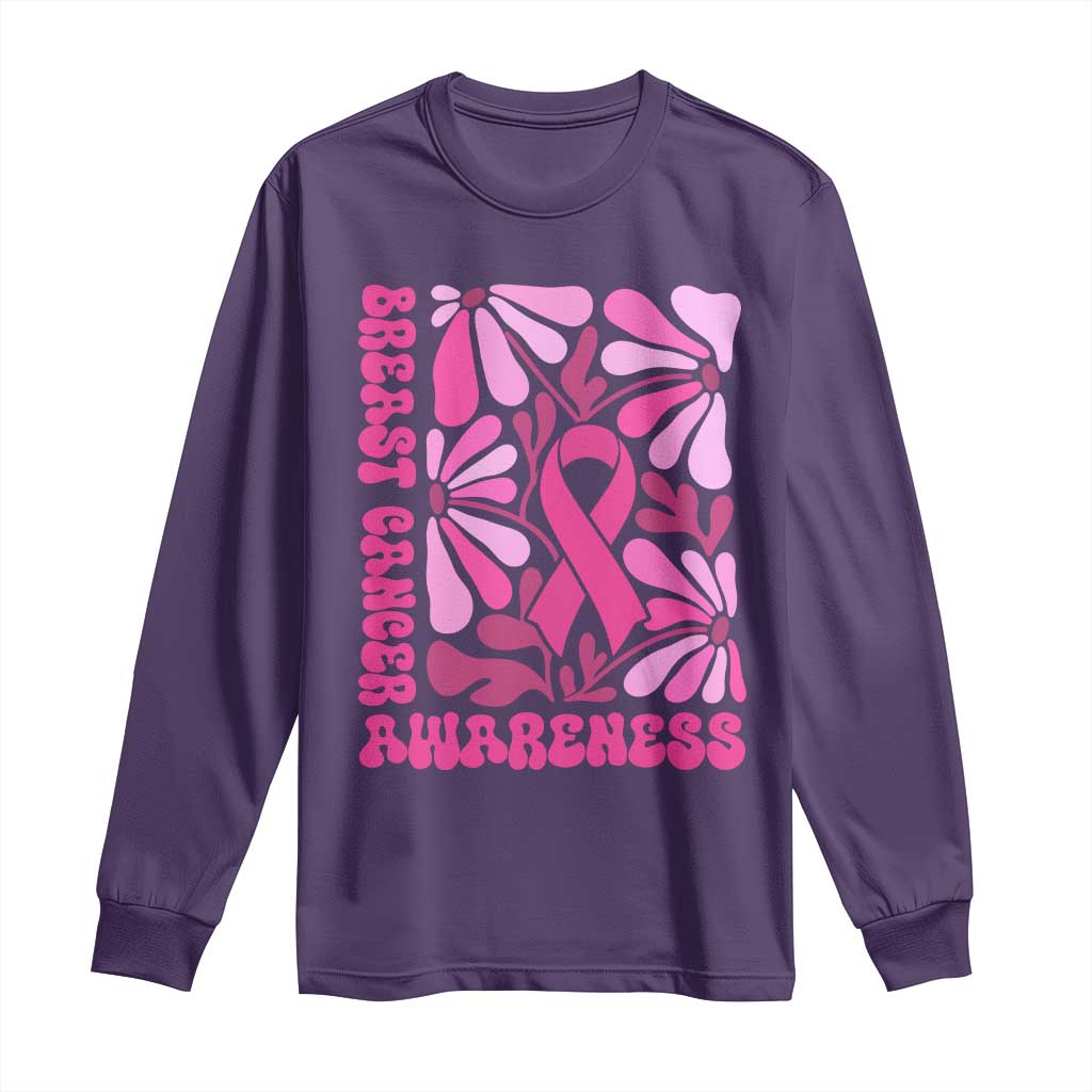 Breast Cancer Support Long Sleeve Shirt Pink Ribbon 60s 70s Retro Groovy Flower