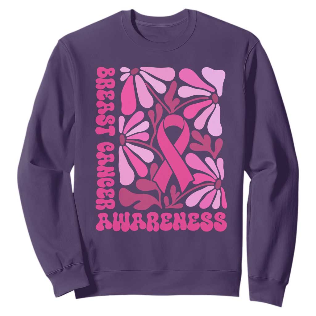 Breast Cancer Support Sweatshirt Pink Ribbon 60s 70s Retro Groovy Flower