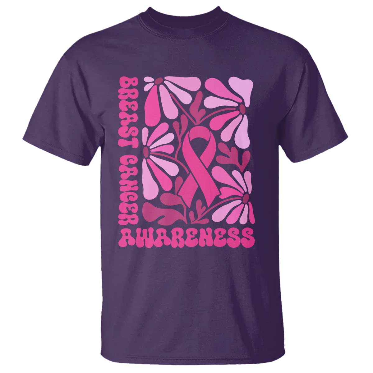 Breast Cancer Support T Shirt Pink Ribbon 60s 70s Retro Groovy Flower