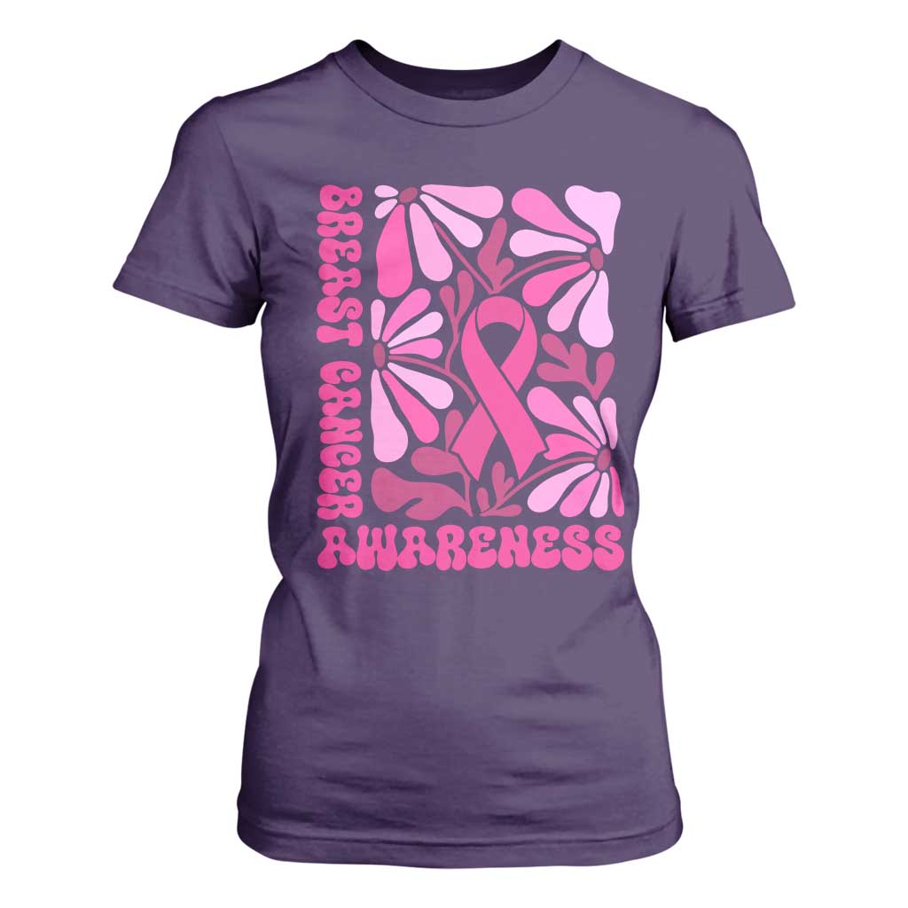 Breast Cancer Support T Shirt For Women Pink Ribbon 60s 70s Retro Groovy Flower