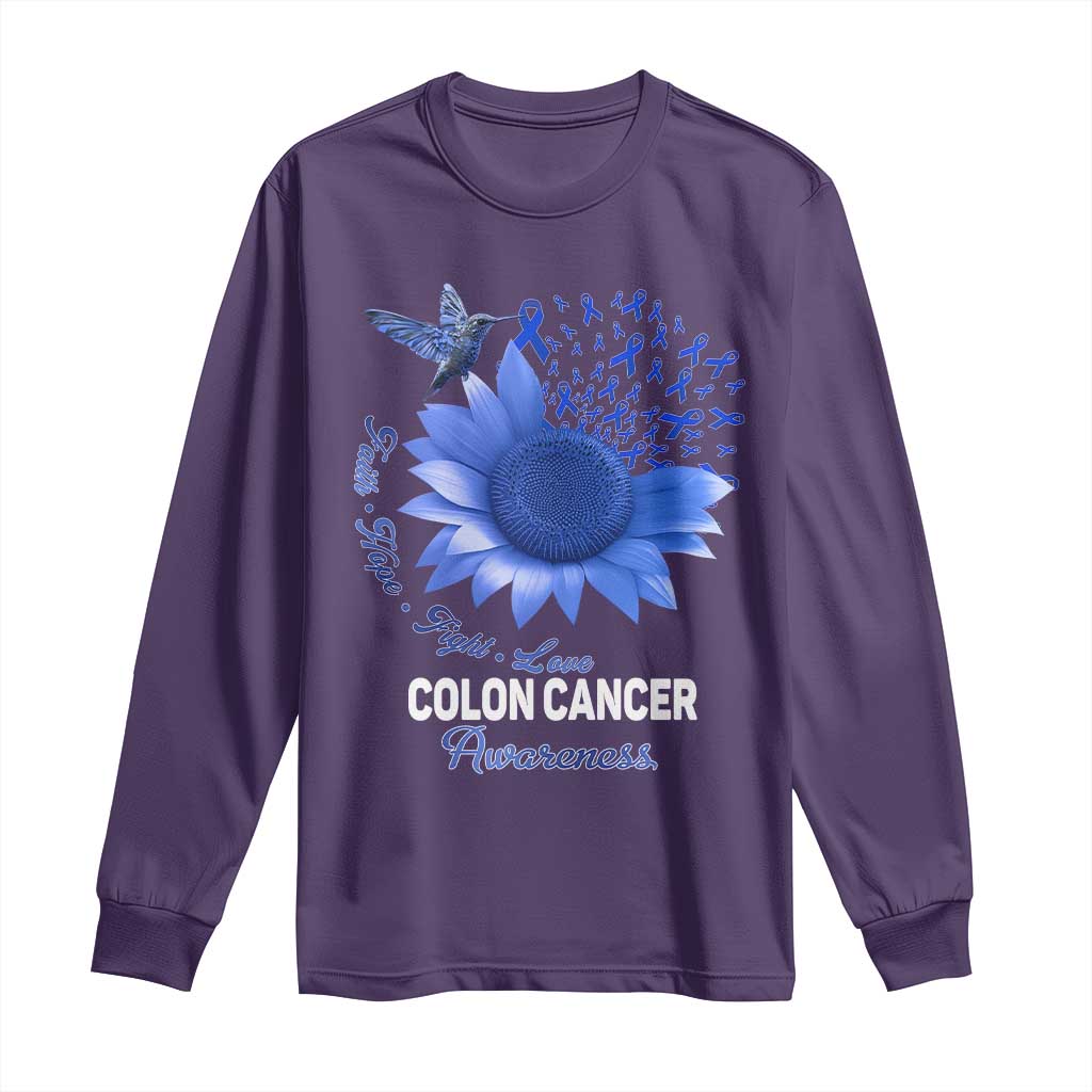 Colon Cancer Support Long Sleeve Shirt Faith Hope Fight Love Blue Sunflower Ribbon