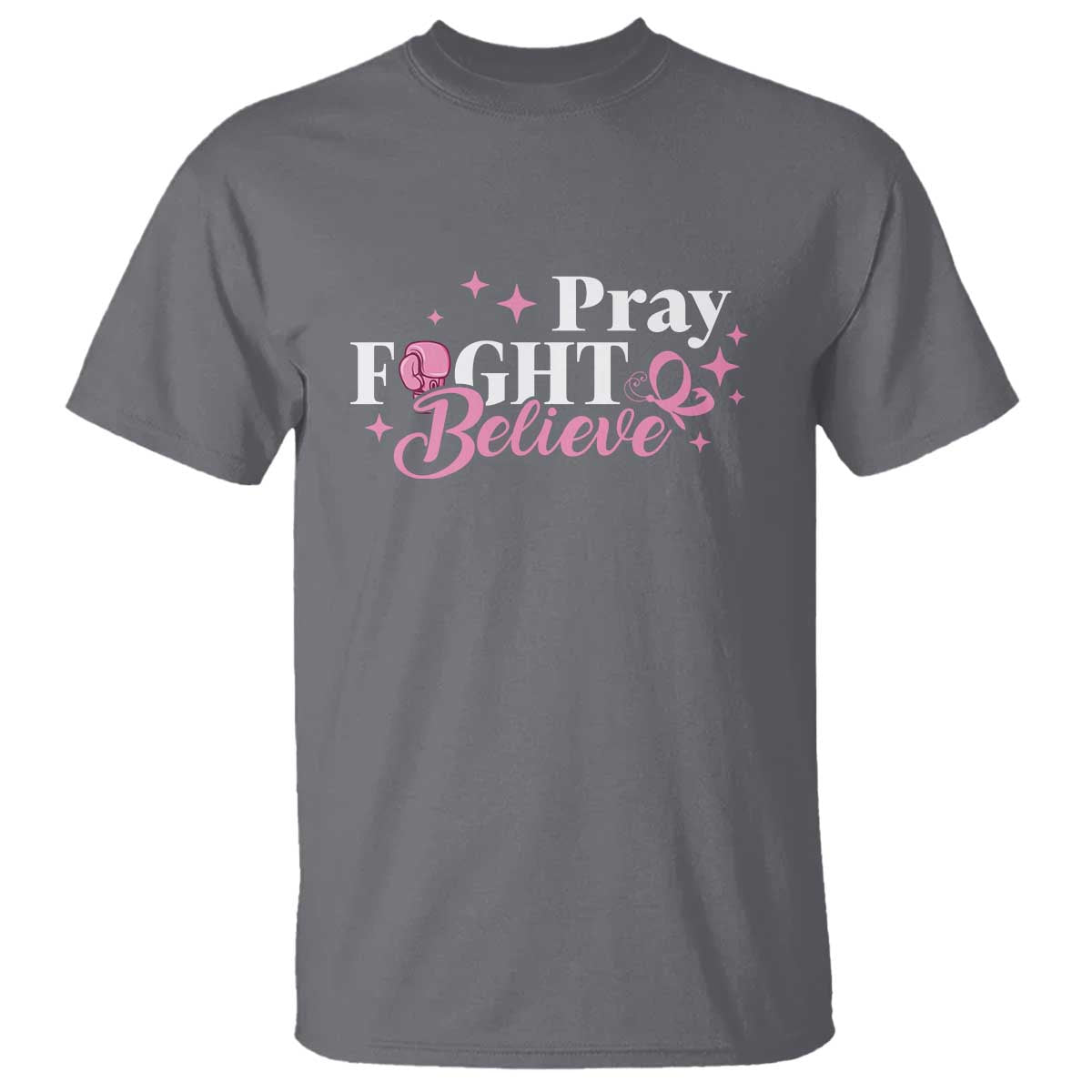 Breast Cancer Support T Shirt Pray Fight Believe Boxing Glove Pink Ribbon Butterfly