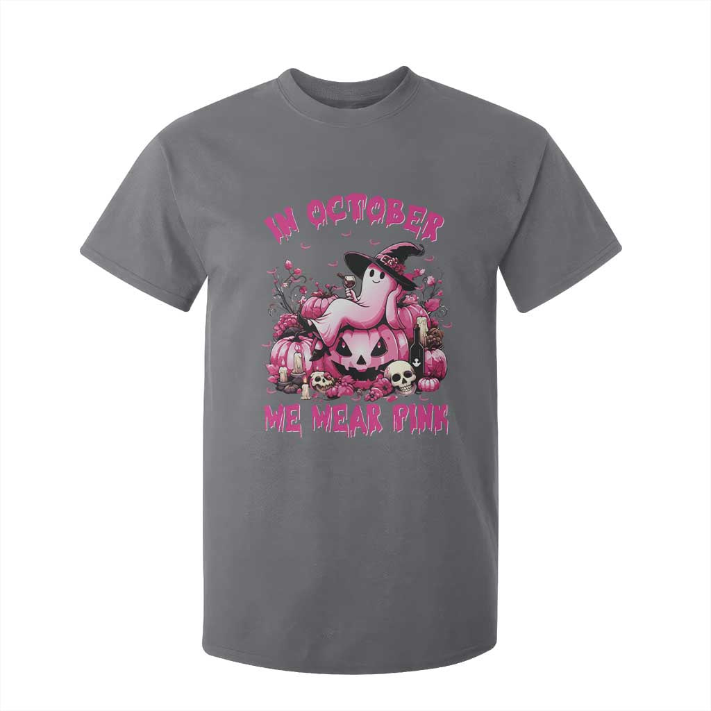 Breast Cancer Support T Shirt For Kid In October We Wear Pink Halloween Ghost Pumpkin Wine Skull