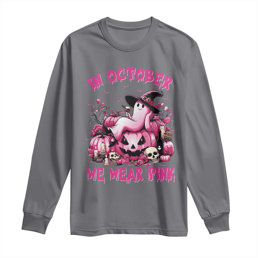 Breast Cancer Support Long Sleeve Shirt In October We Wear Pink Halloween Ghost Pumpkin Wine Skull