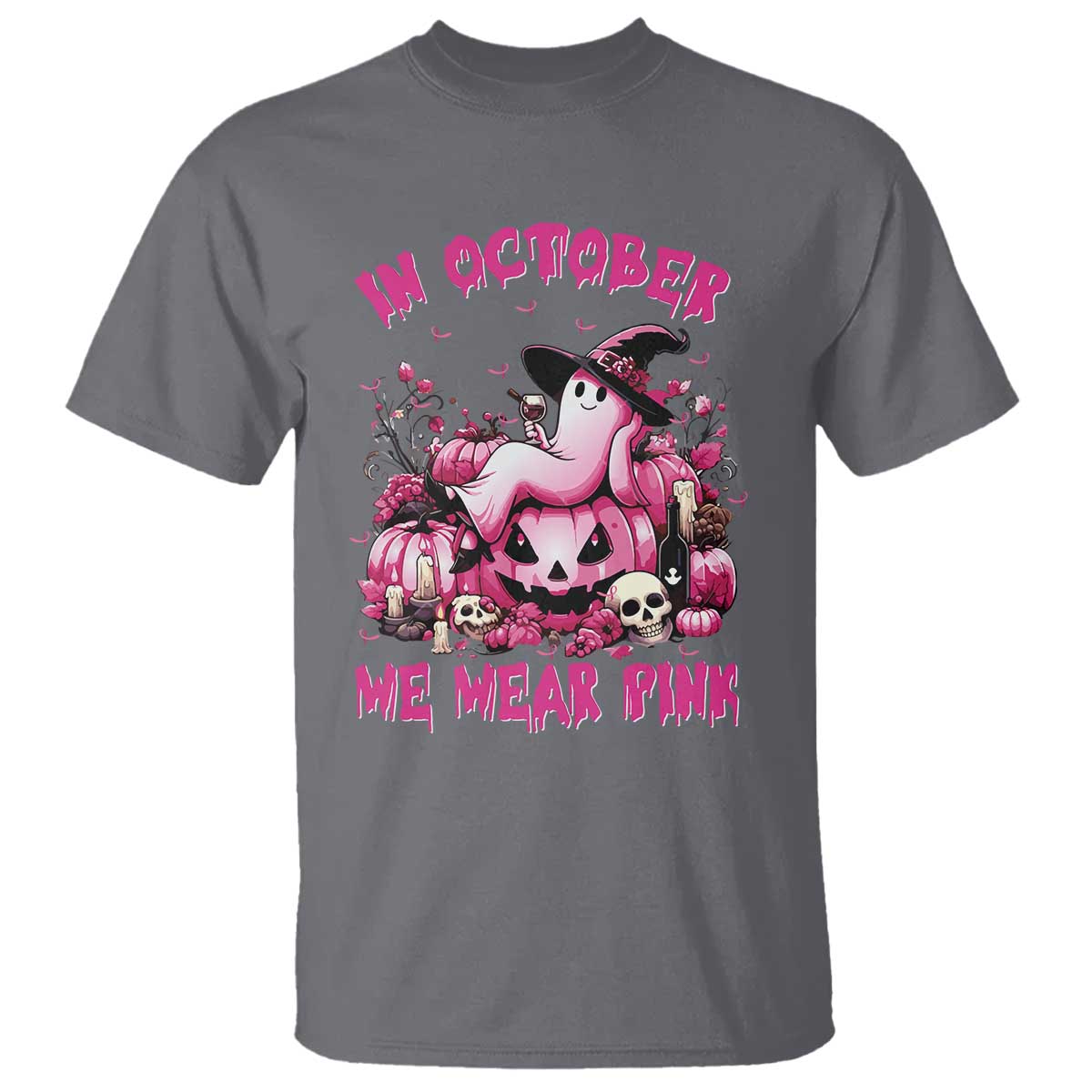 Breast Cancer Support T Shirt In October We Wear Pink Halloween Ghost Pumpkin Wine Skull