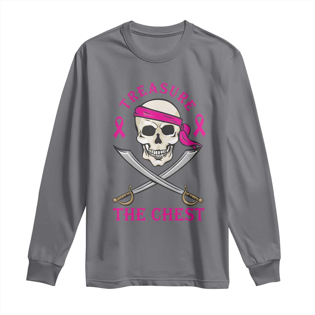 Breast Cancer Support Long Sleeve Shirt Treasure The Chest Pirate Skull Sword Pink Ribbon