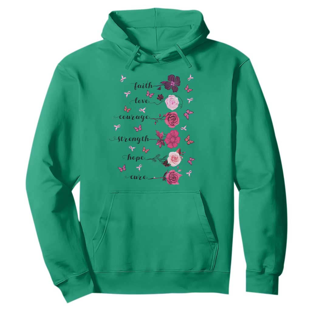 Breast Cancer Support Hoodie Faith Love Courage Strength Hope Cure Pink Flower Roses Butterfly