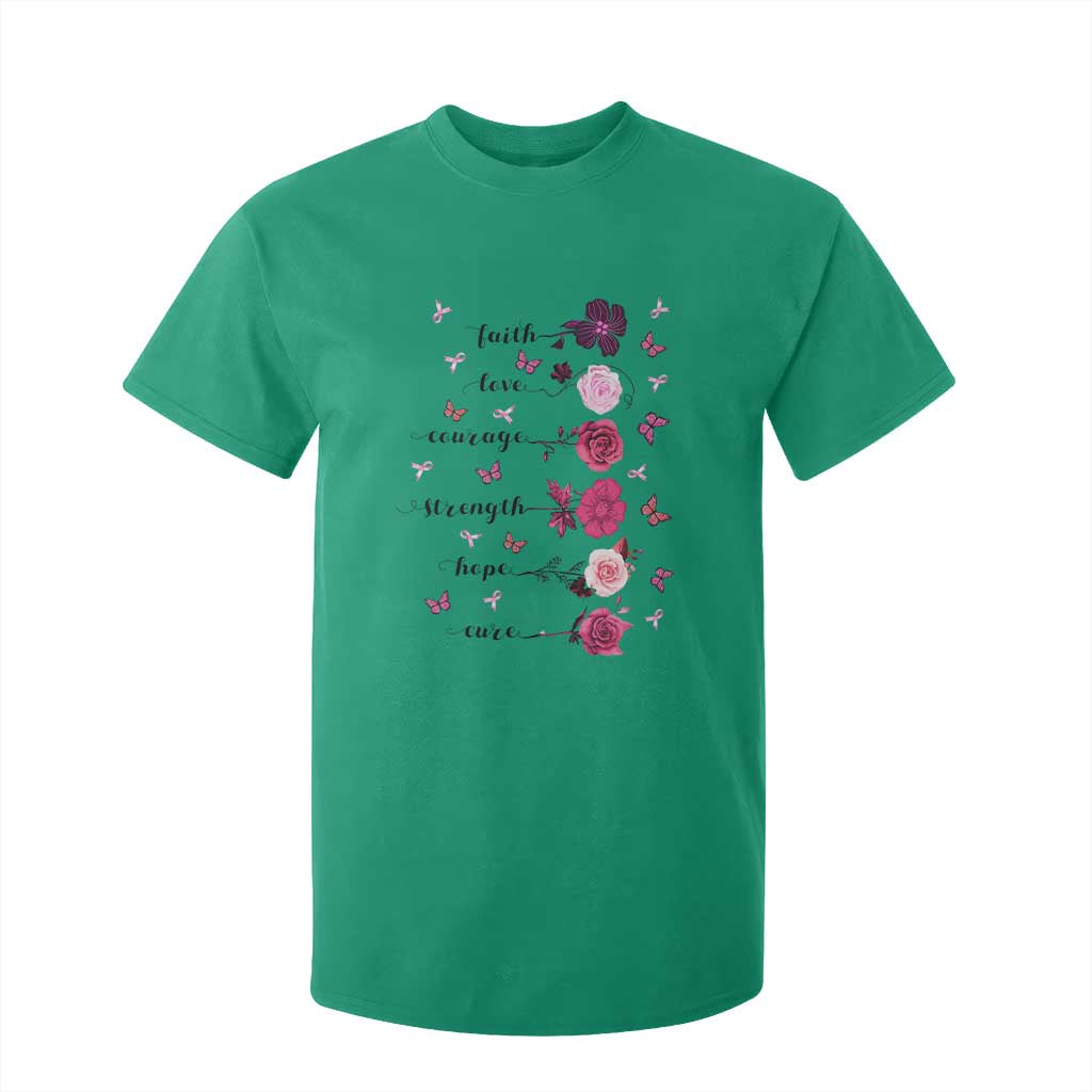 Breast Cancer Support T Shirt For Kid Faith Love Courage Strength Hope Cure Pink Flower Roses Butterfly