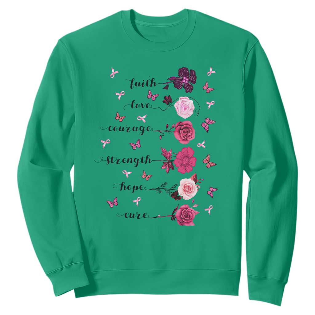 Breast Cancer Support Sweatshirt Faith Love Courage Strength Hope Cure Pink Flower Roses Butterfly