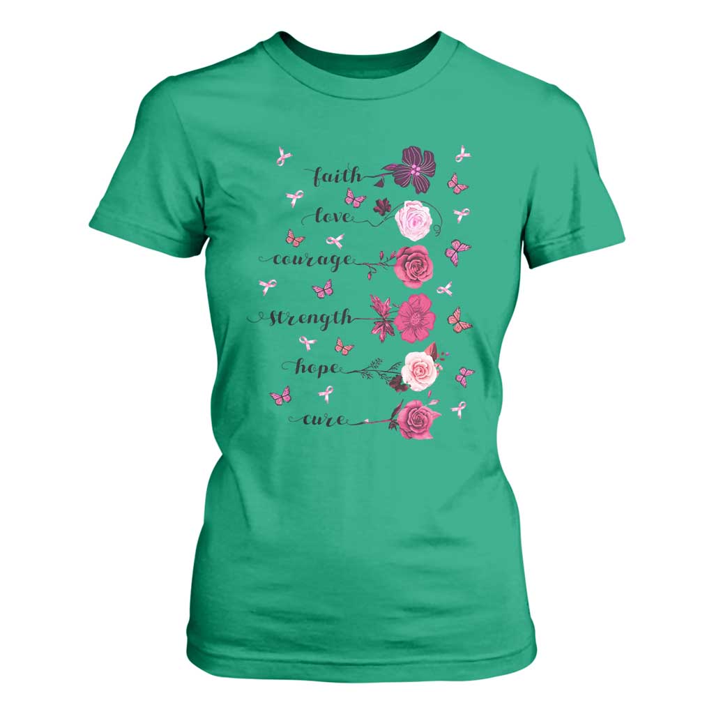Breast Cancer Support T Shirt For Women Faith Love Courage Strength Hope Cure Pink Flower Roses Butterfly