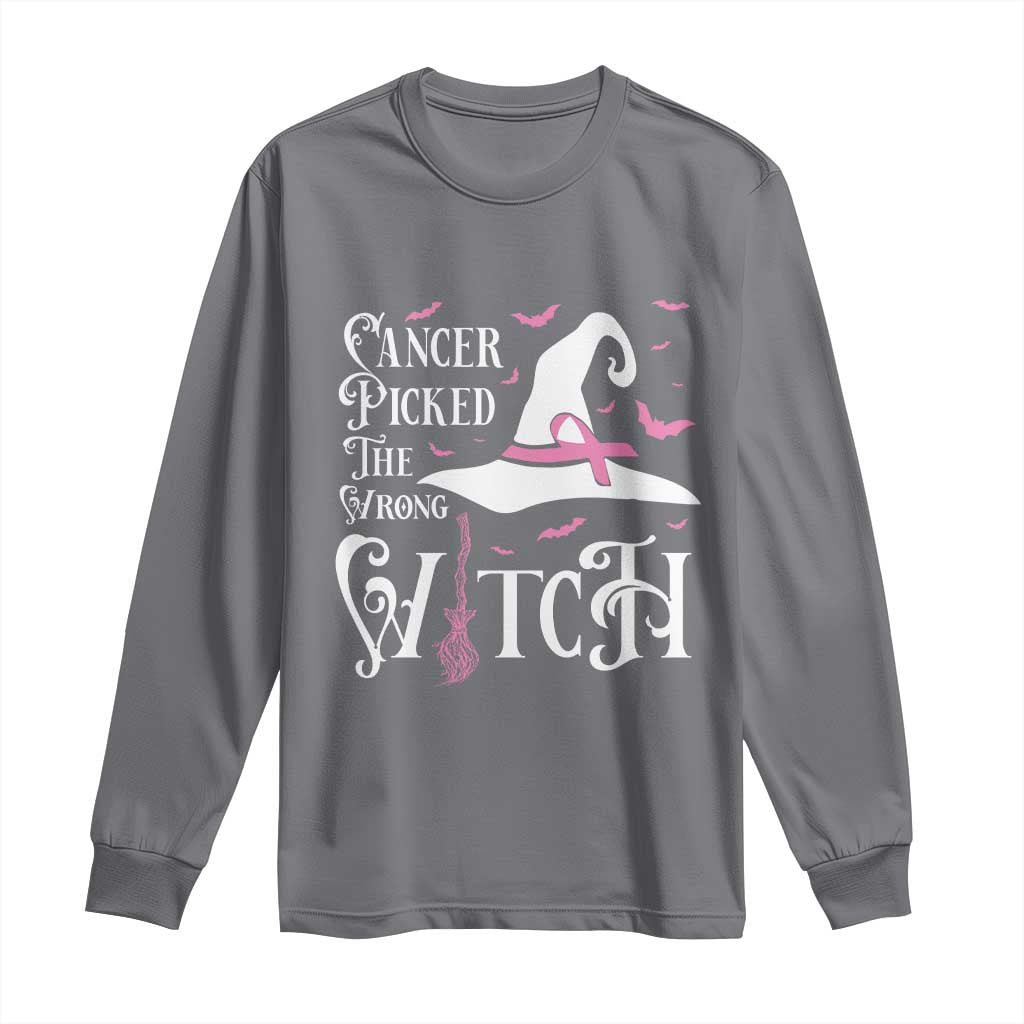 Breast Cancer Support Long Sleeve Shirt Cancer Picked The Wrong Witch Hat Broom Bat Pink Ribbon