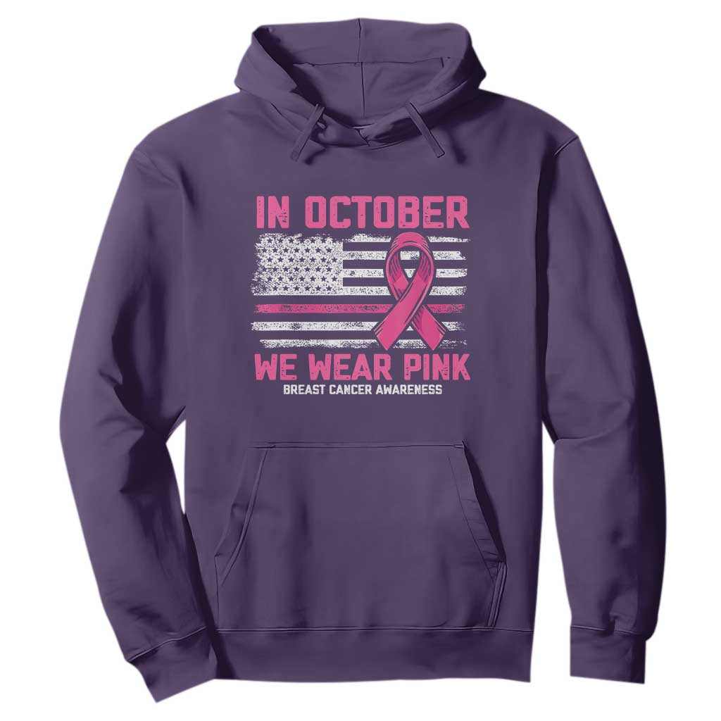 Breast Support Awareness In October We Wear Pink Hoodie Distressed American Flag