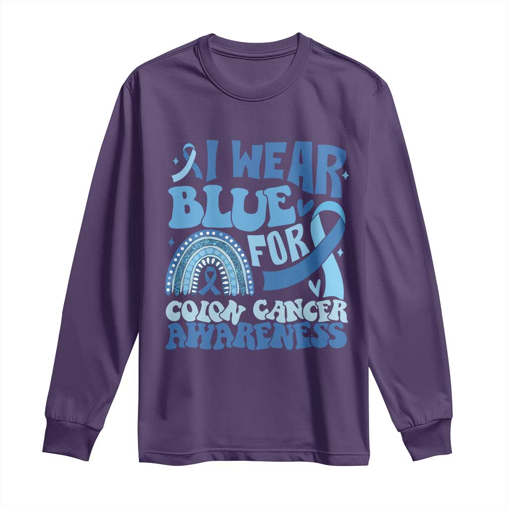 I Wear Blue For Colon Cancer Support Long Sleeve Shirt Rainbow Dark Blue Ribbon