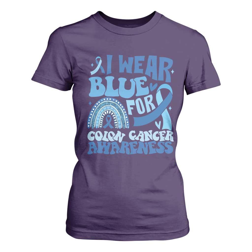 I Wear Blue For Colon Cancer Support T Shirt For Women Rainbow Dark Blue Ribbon