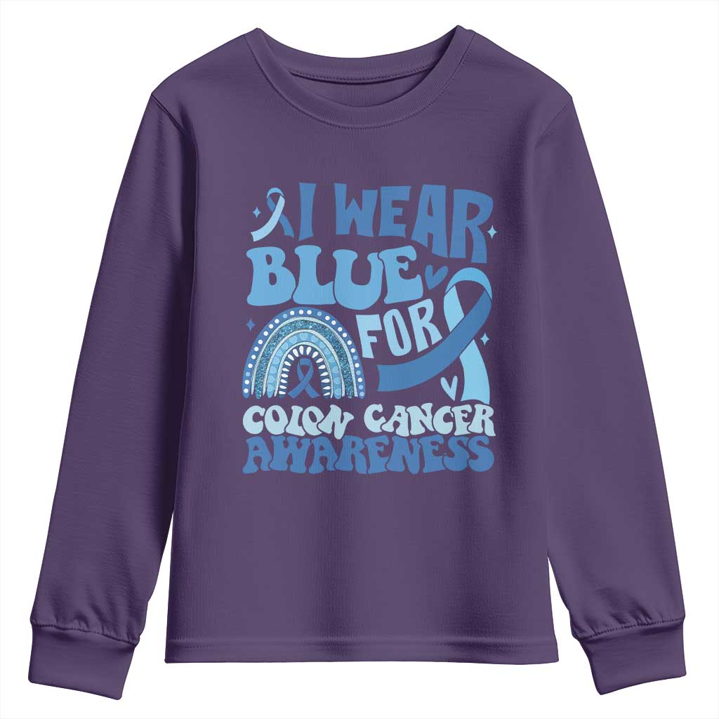I Wear Blue For Colon Cancer Support Youth Sweatshirt Rainbow Dark Blue Ribbon