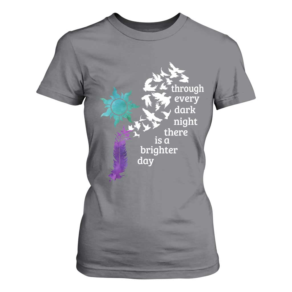 Suicide Prevention Support T Shirt For Women Semicolon Sun Feathers Brighter Day