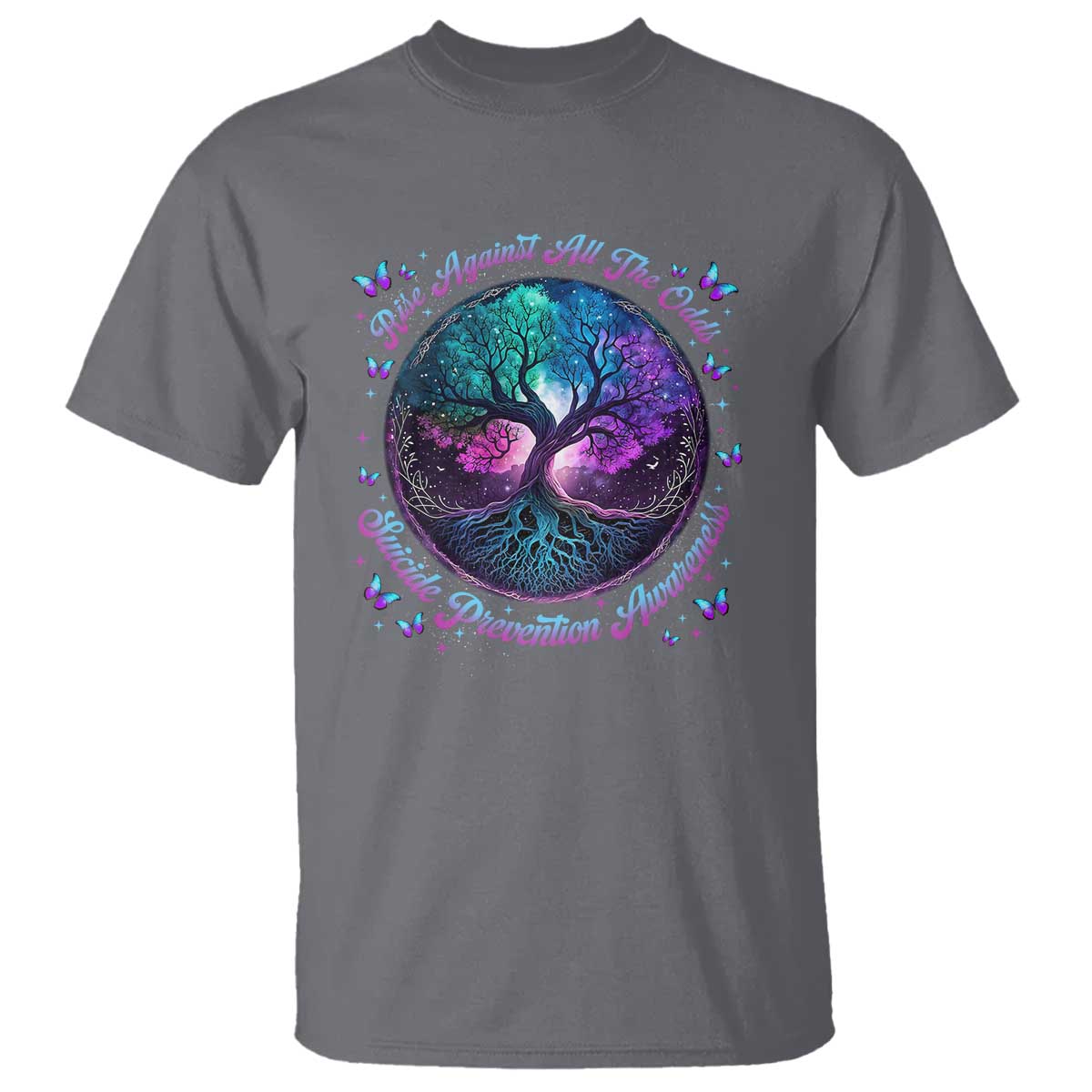 Suicide Prevention Support T Shirt Rise Against All The Odds Teal And Purple Tree Butterfly