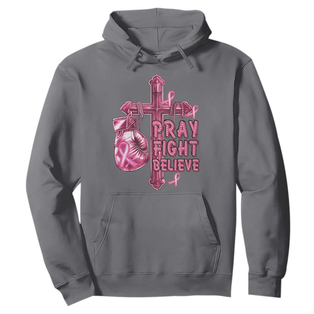Breast Cancer Support Hoodie Pray Fight Believe Boxing Glove Cross Pink Ribbon