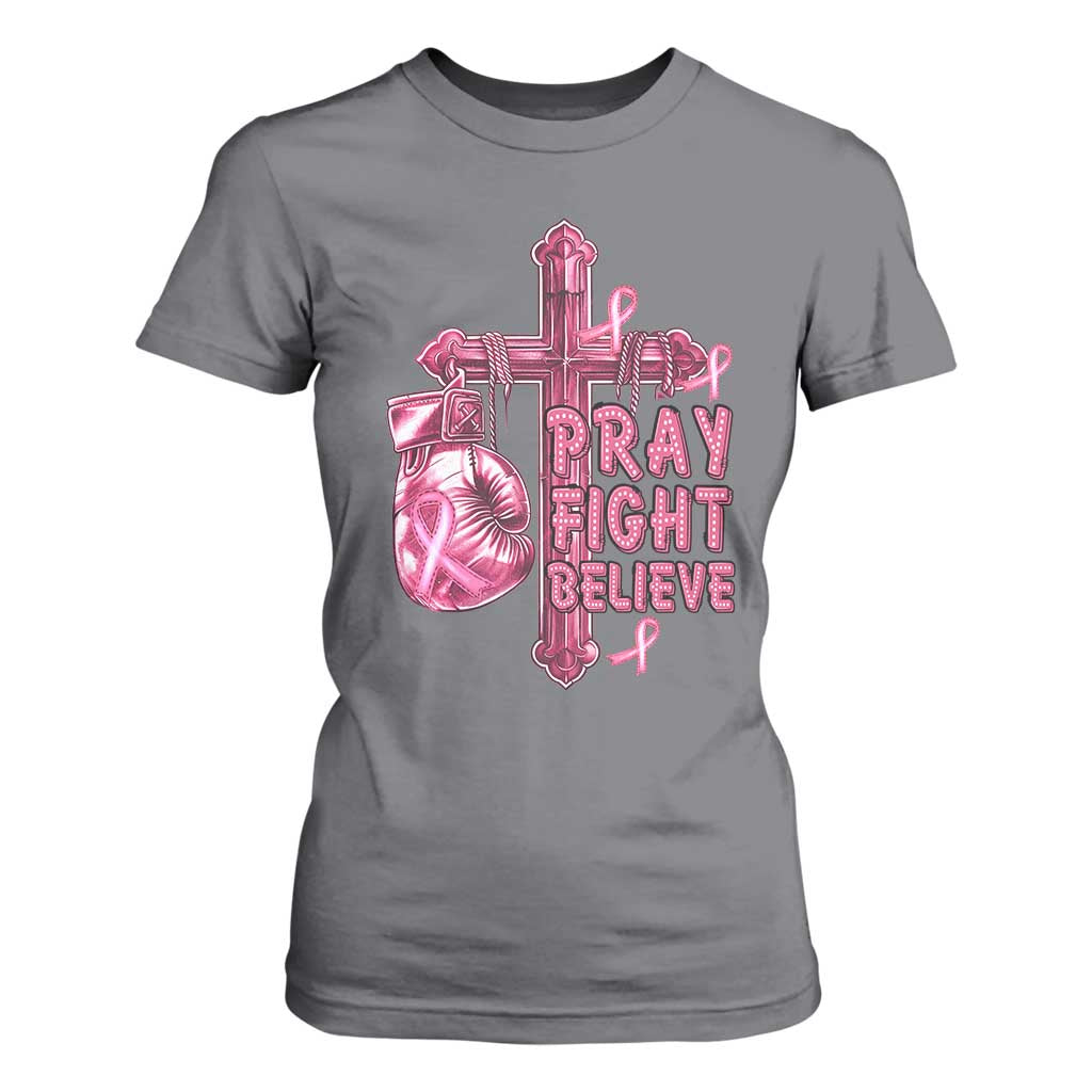Breast Cancer Support T Shirt For Women Pray Fight Believe Boxing Glove Cross Pink Ribbon
