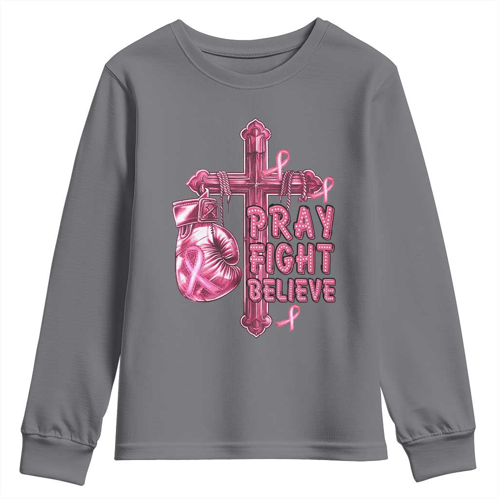 Breast Cancer Support Youth Sweatshirt Pray Fight Believe Boxing Glove Cross Pink Ribbon