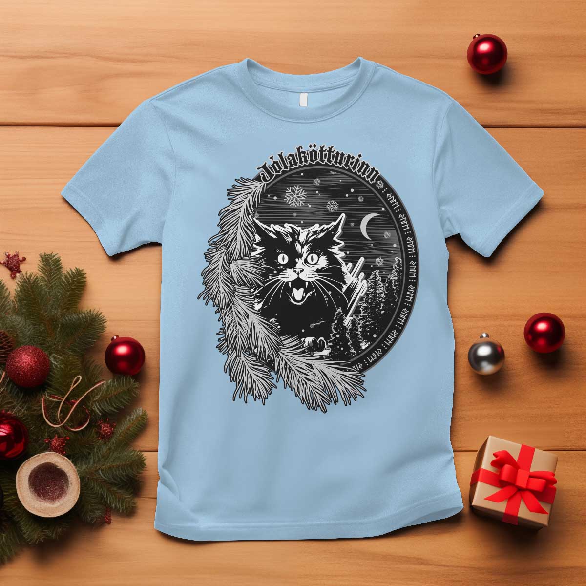 funny-yule-black-cat-mistletoe-jolakotturinn-t-shirt
