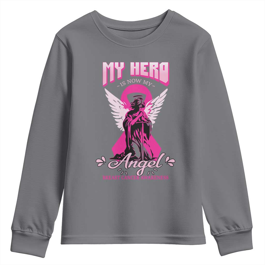 Breast Cancer Support Youth Sweatshirt My Hero Is Now My Angel Pink Ribbon Cancer Warrior