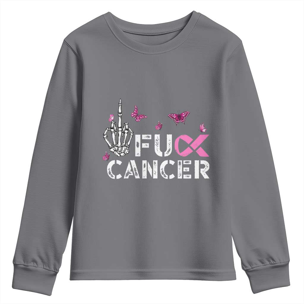 Breast Cancer Support Youth Sweatshirt Fuck Cancer Pink Ribbon Skeleton Hand Butterfly