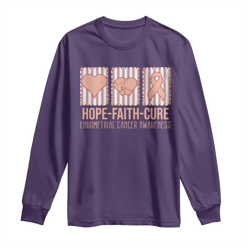 Endometrial Cancer Support Long Sleeve Shirt Hope Faith Cure Peach Ribbon