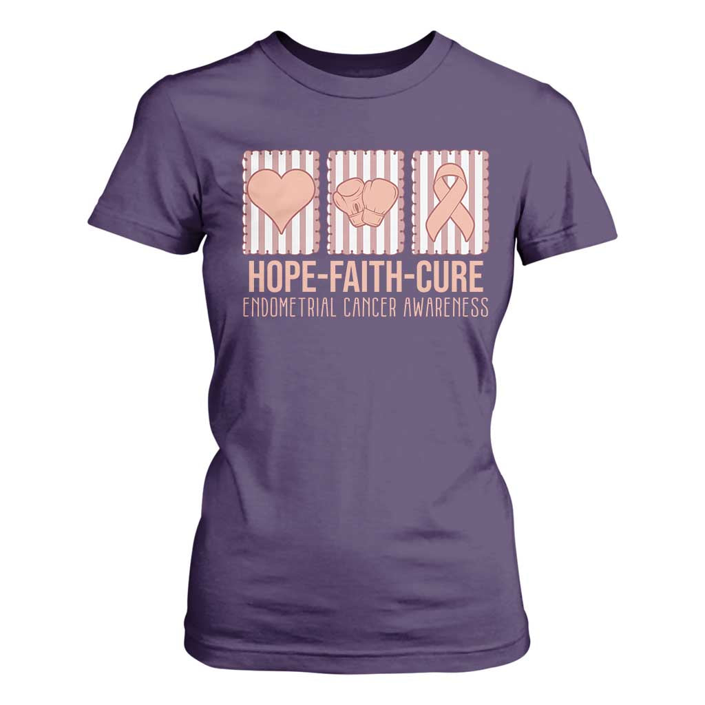 Endometrial Cancer Support T Shirt For Women Hope Faith Cure Peach Ribbon