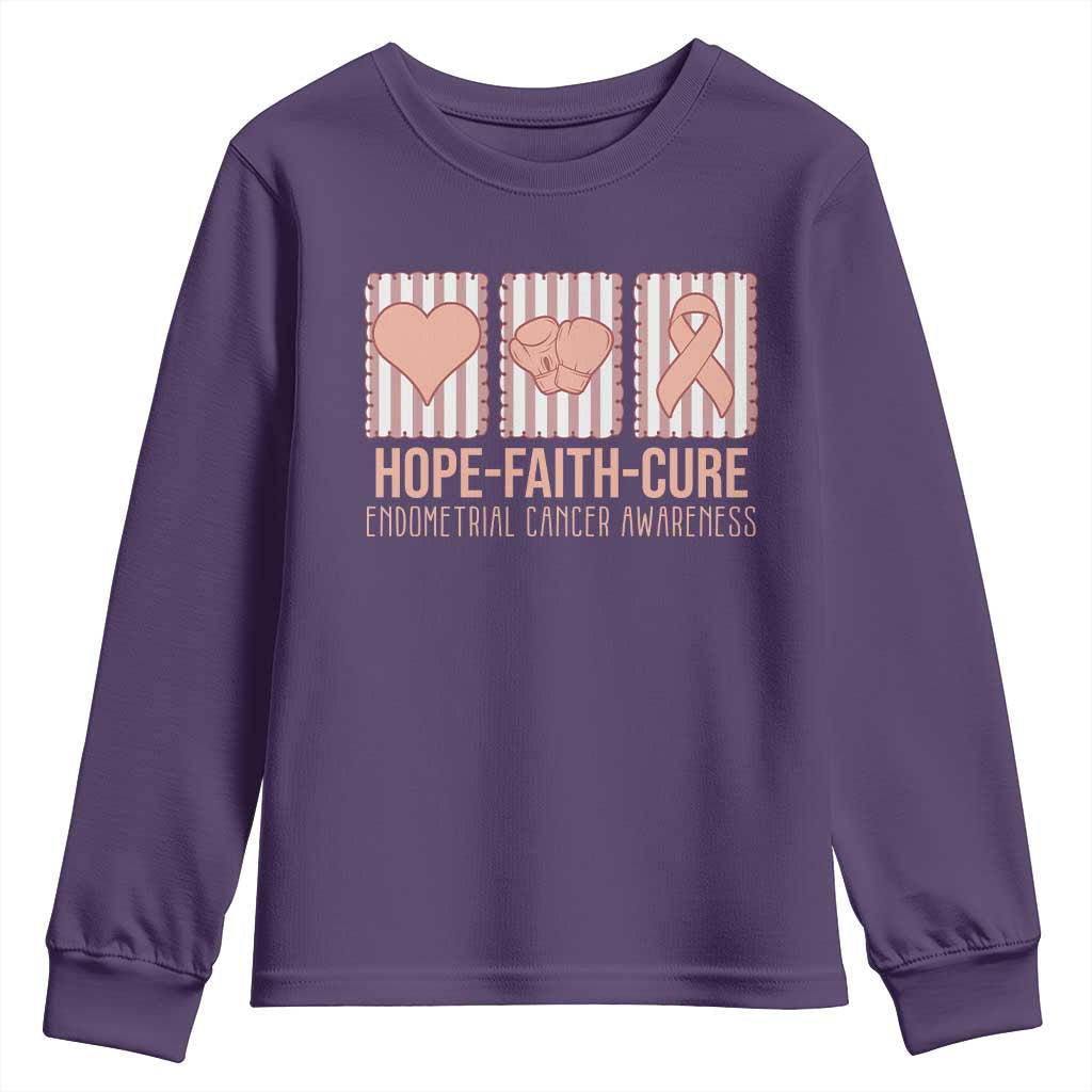 Endometrial Cancer Support Youth Sweatshirt Hope Faith Cure Peach Ribbon
