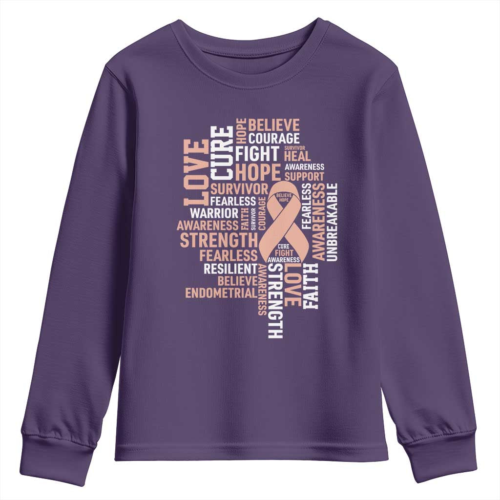 Endometrial Cancer Support Youth Sweatshirt Warrior Survivor Peach Ribbon