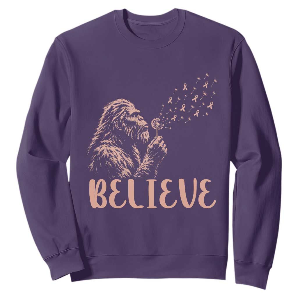 Funny Bigfoot Blowing Dandelion Flower Graphic Sweatshirt Believe Endometrial Cancer
