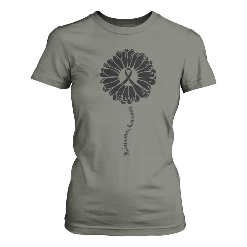 Melanoma Support Black Ribbon Flower T Shirt For Women Skin Cancer Fighter Gift
