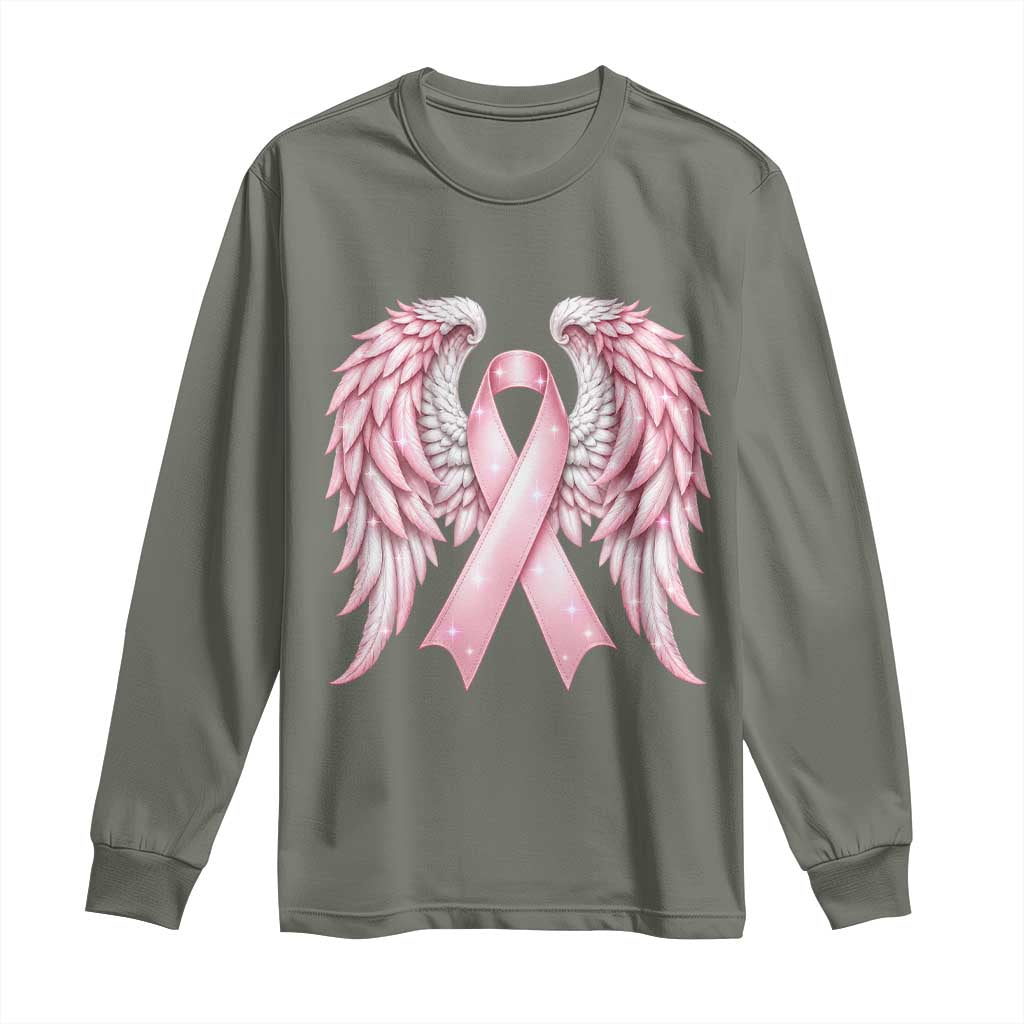 Breast Cancer Warrior Support Long Sleeve Shirt Pink Ribbon Angel Wings Hope