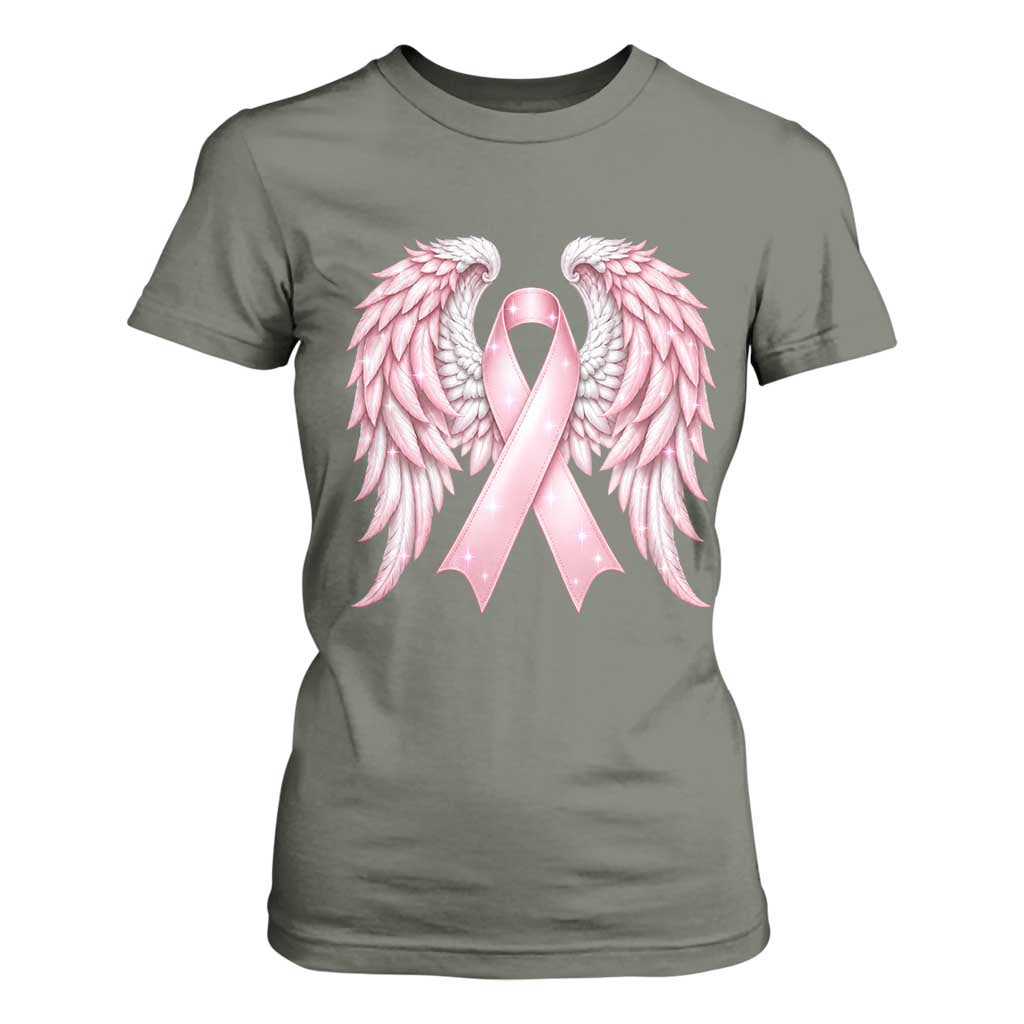 Breast Cancer Warrior Support T Shirt For Women Pink Ribbon Angel Wings Hope