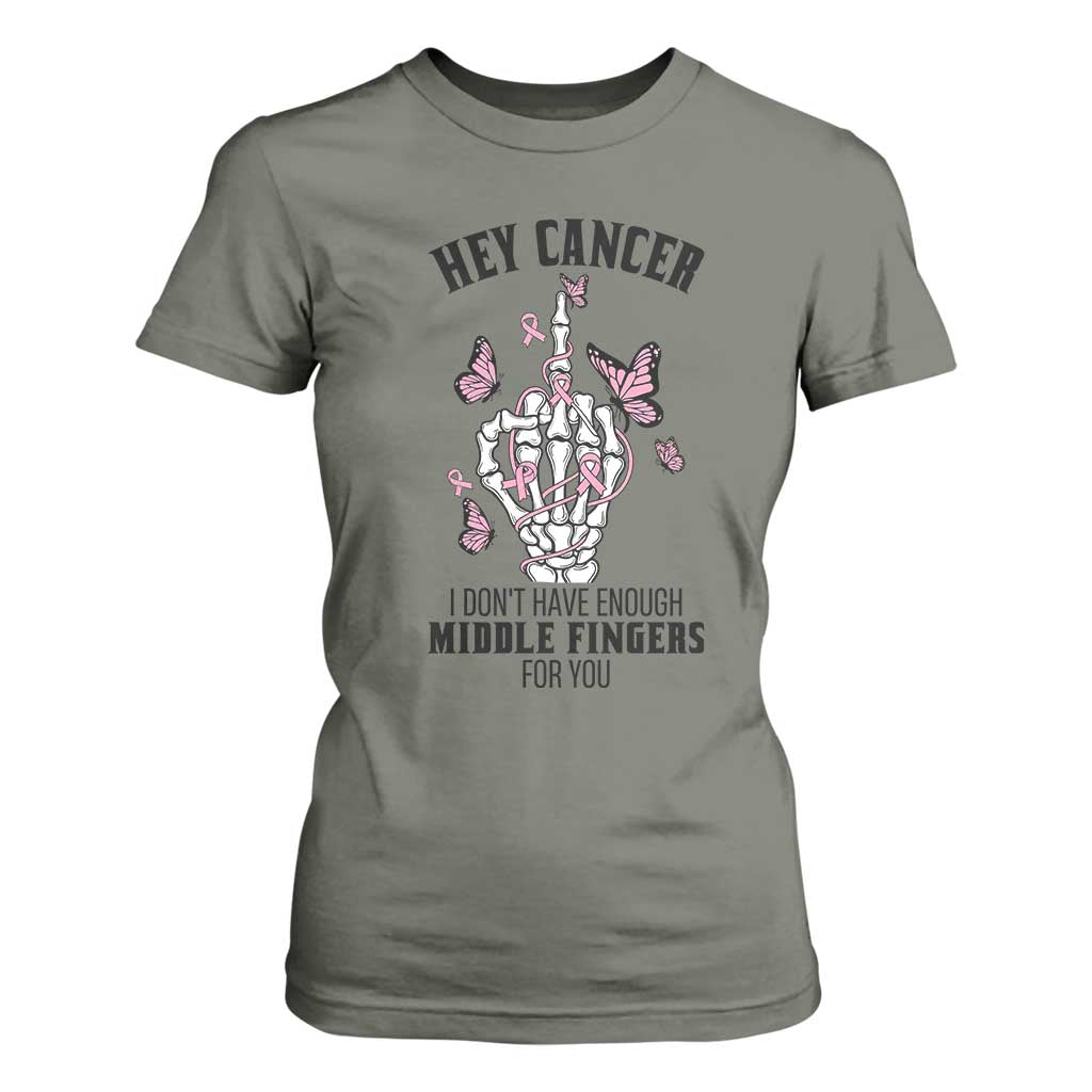 Breast Cancer Warrior Support T Shirt For Women I Dont Have Enough Middle Fingers Pink Ribbon Skeleton